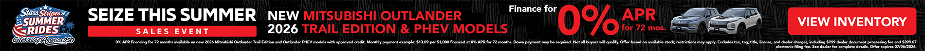 East Orlando Mitusubishi - Finance the Mitsubishi Outlander Trail Edition & PHEV models 0% APR for 72 months. View inventory!
