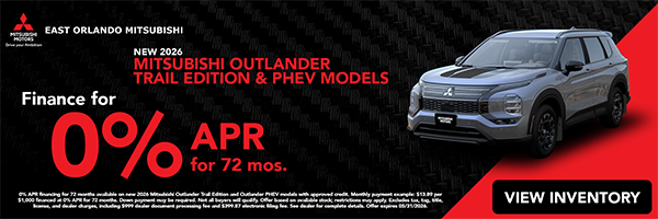 *New Mitsubishi Outlander 2026 Trail Edition & PHEV Models finance for 0% APR for 72 months from East Orlando Mitsubishi.