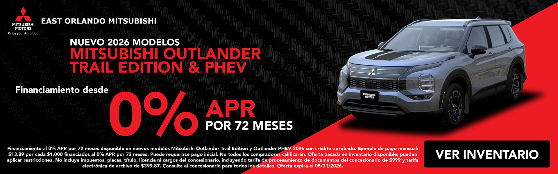 Outlander Trail edition and PHEV 0% APR for 72 mo.